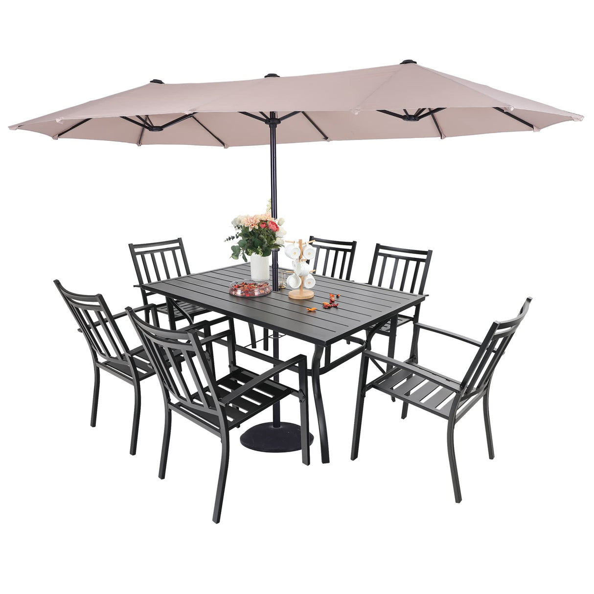 7 Pieces Patio Dining Set with 13ft Double-Sided Umbrella