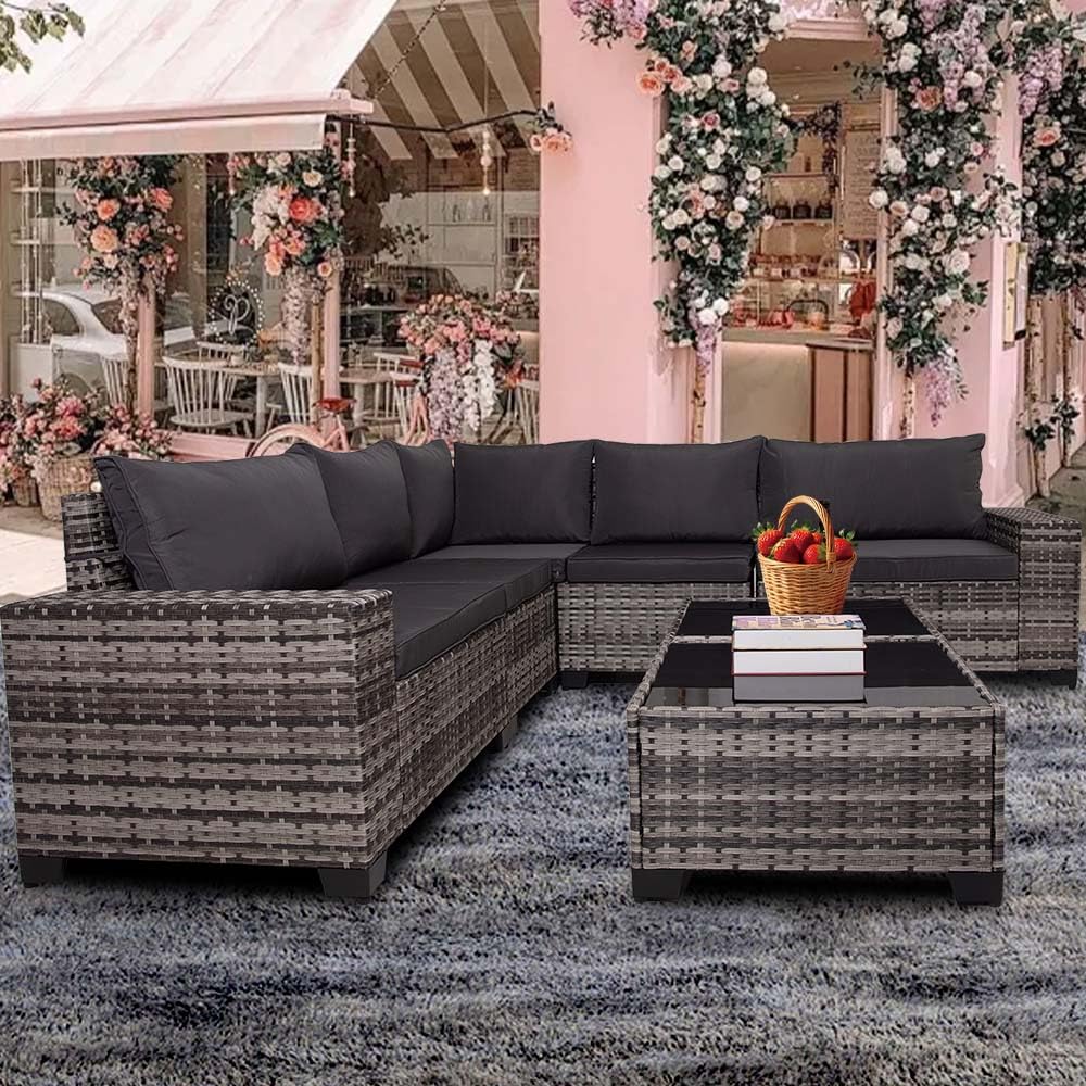 7 Piece Outdoor Wicker Patio Furniture Sectional Set, Wide Handrail Modular Conversation