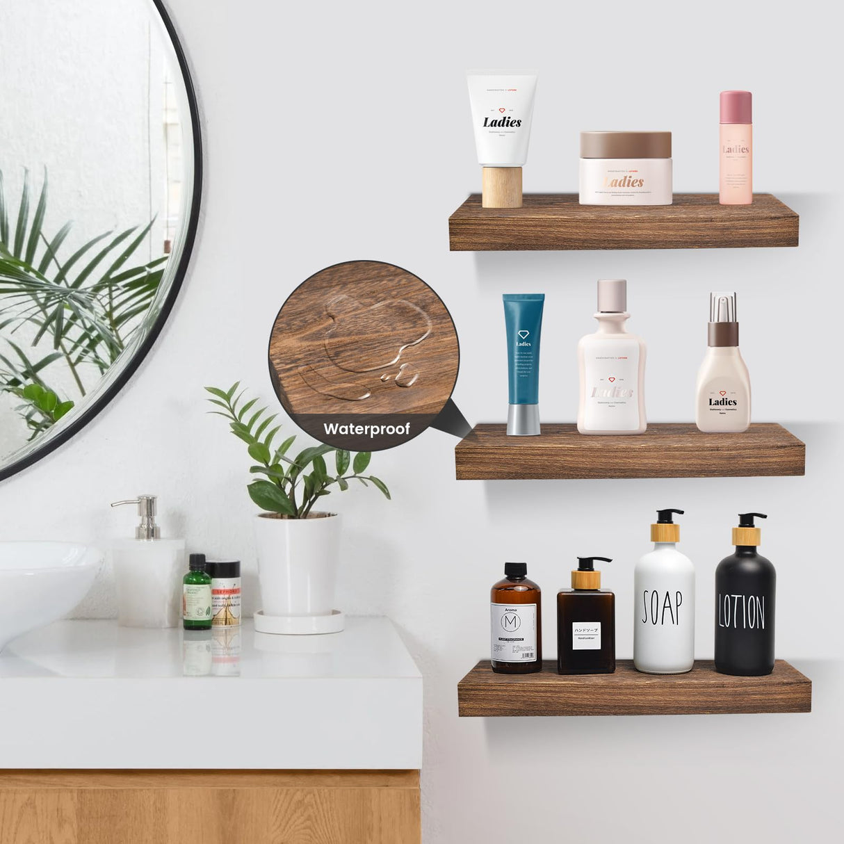 Floating Book Shelves for Wall, 15.7 x 5.9 x 1.5 inch Natural Wooden Shelves for Bathroom