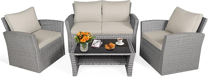 4 Pieces Patio Furniture Set, All Weather Outdoor Sectional Rattan Sofa Set