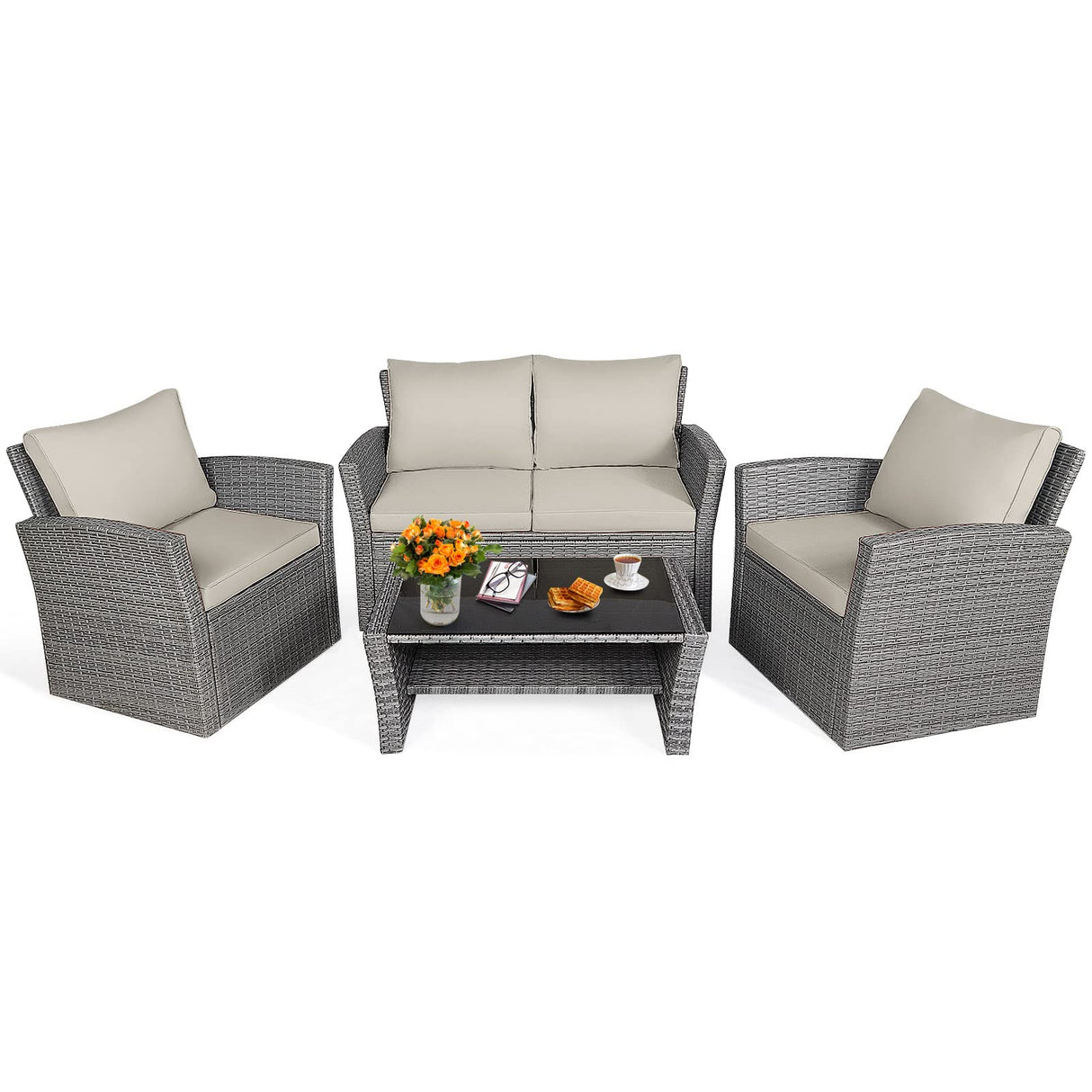 4 Pieces Patio Furniture Set, All Weather Outdoor Sectional Rattan Sofa Set