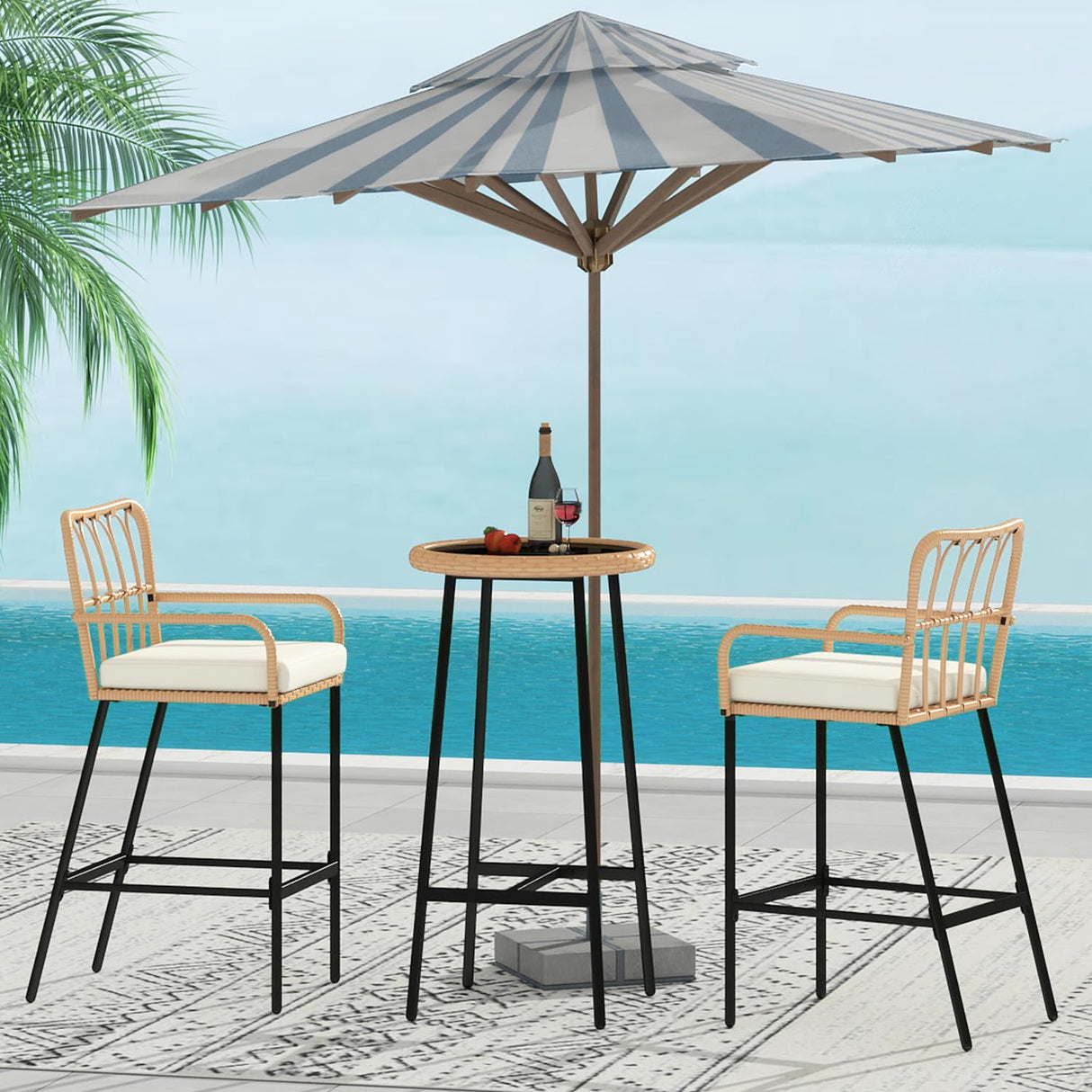Vikiullf 3 Pieces Patio Bar Table Set, Outdoor Wicker Bar, All Weather Height Bar Stools and Table Set, for Garden, Deck, Balcony