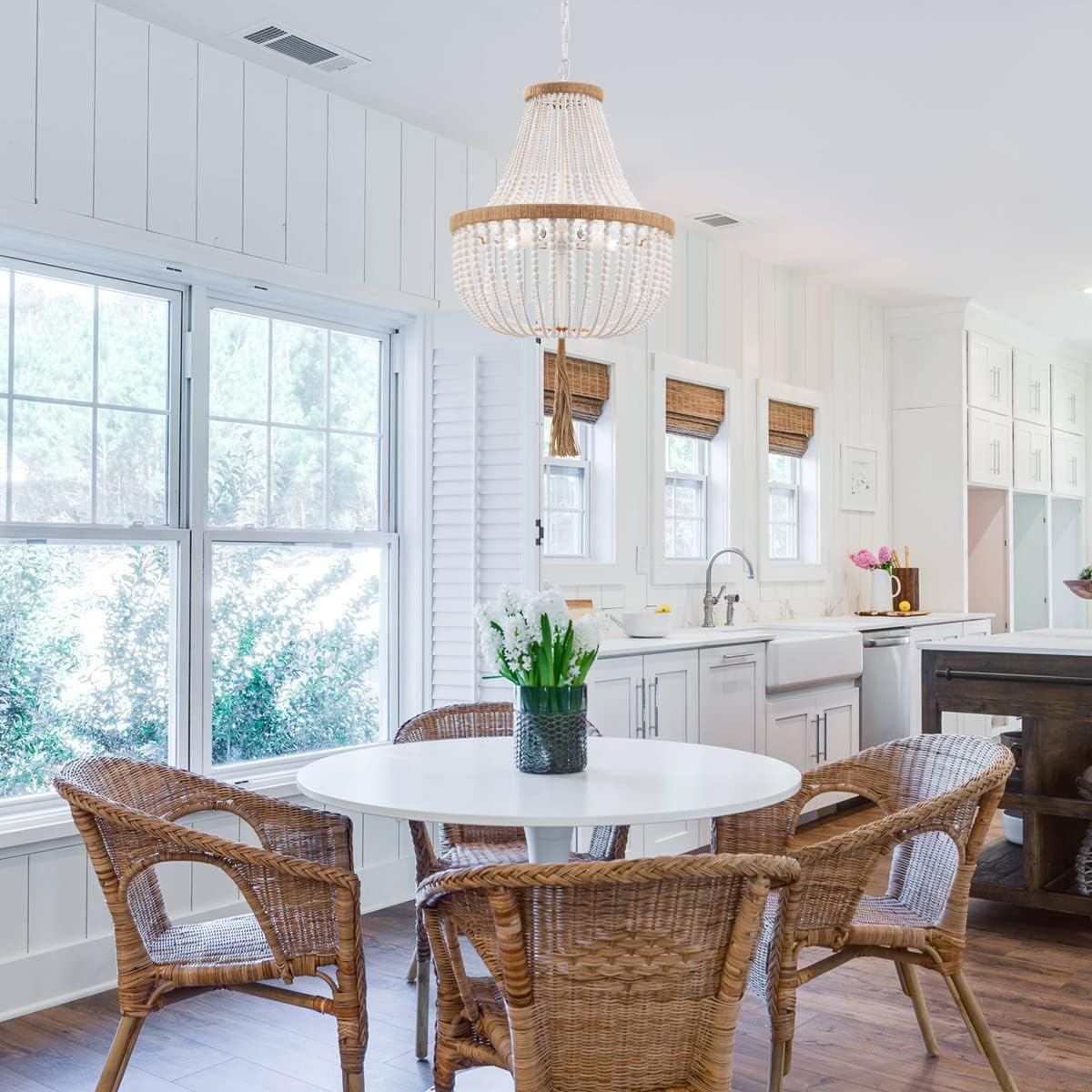 4 Lights Wood Beaded Farmhouse Chandelier with Tassels Bohemia Antique Rustic