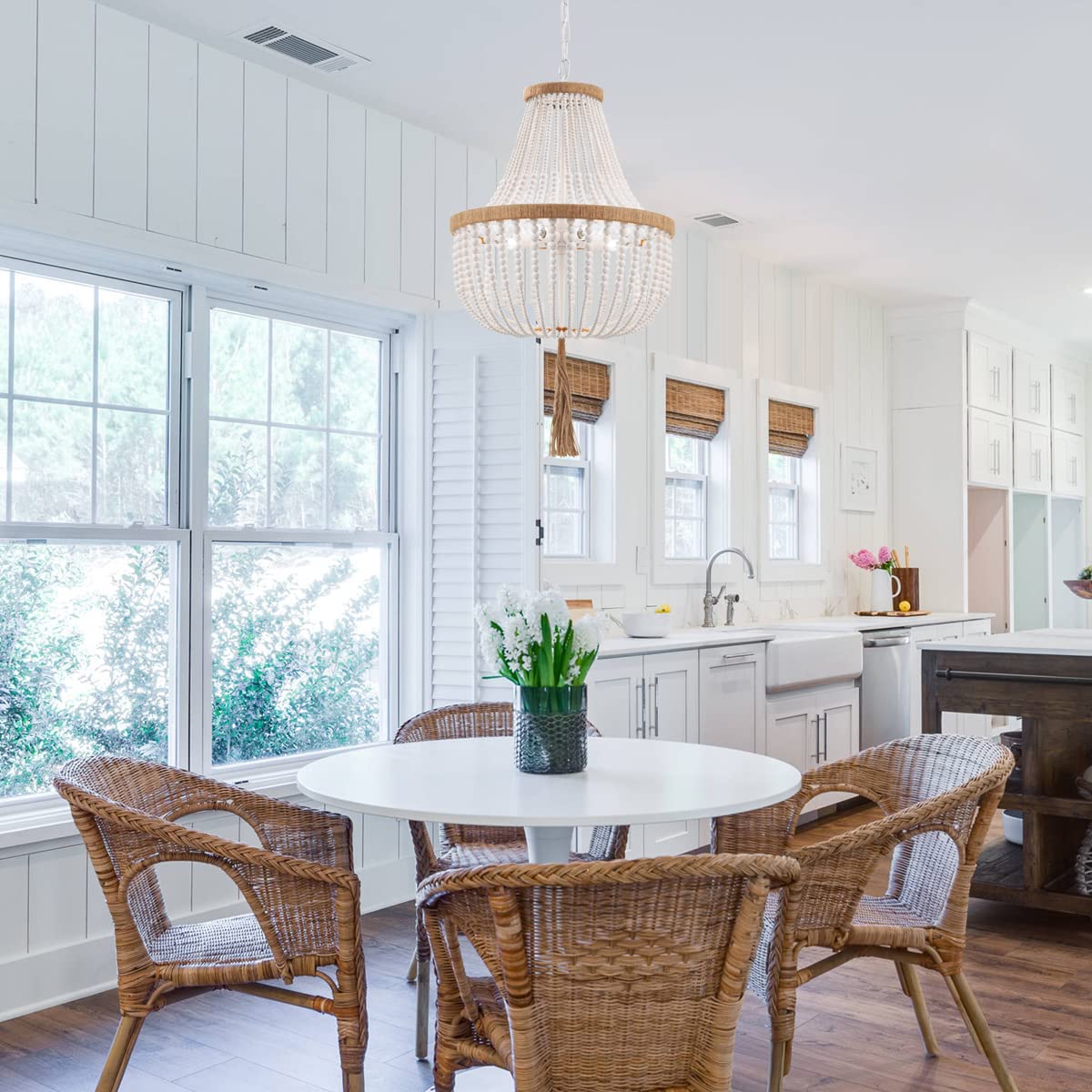 4 Lights Wood Beaded Farmhouse Chandelier with Tassels Bohemia Antique Rustic