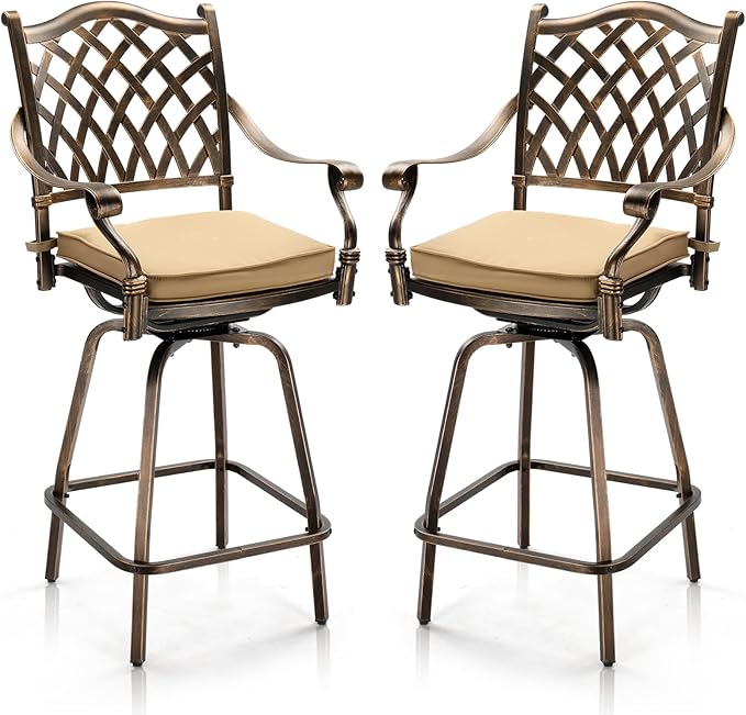 Outdoor Swivel Bar Stools Set of 2, Cast Aluminum Patio Bar Height Chairs