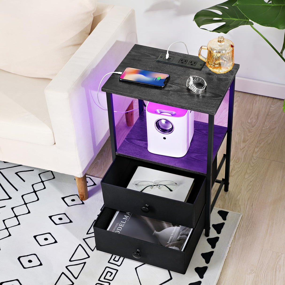 Night Stand Set 2, LED Nightstand with Charging Station