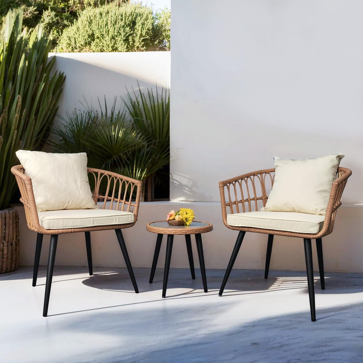 3 Piece Patio Bistro Set, Outdoor Rattan Furniture Set W/ 2 Chairs and Glass Table All-Weather