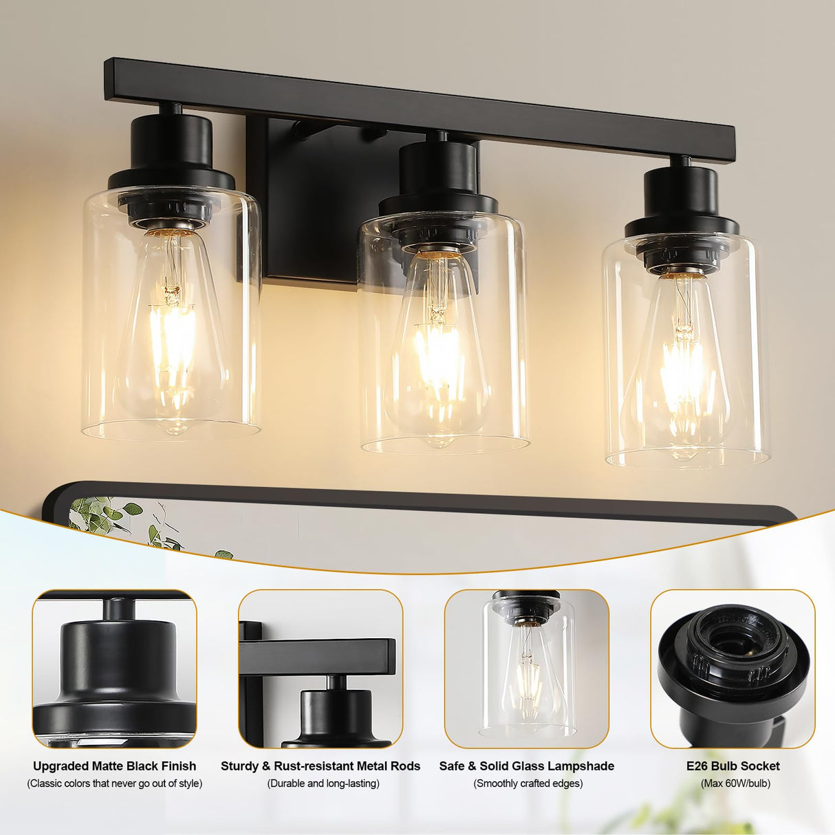 3-Light Bathroom Vanity Light Fixtures Over Mirror, Modern Matte Black Bathroom