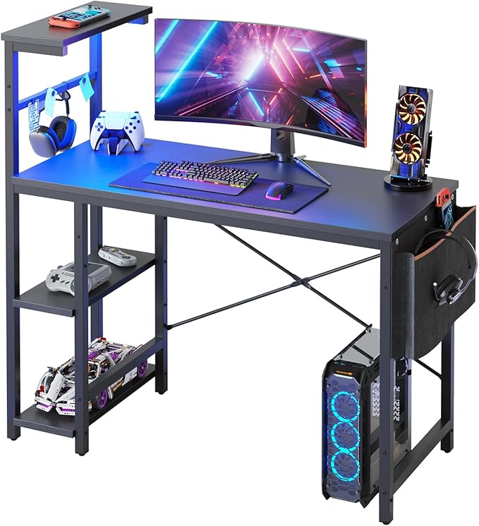 Gaming Desk with LED Lights, 44 Inch PC Gamer Desk for Small Spaces, Computer Desk