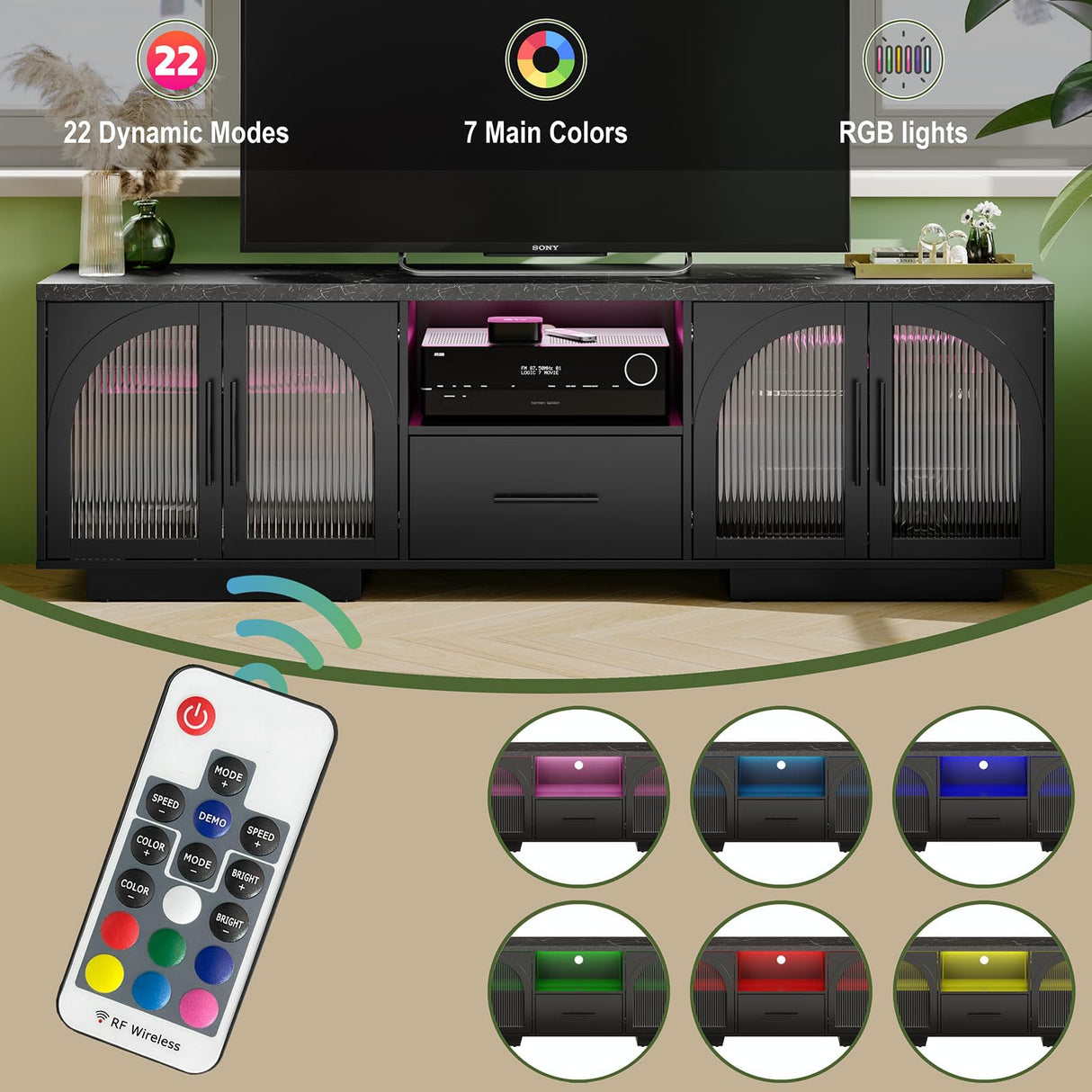 70" TV Stand with LED Lights & Glass Doors