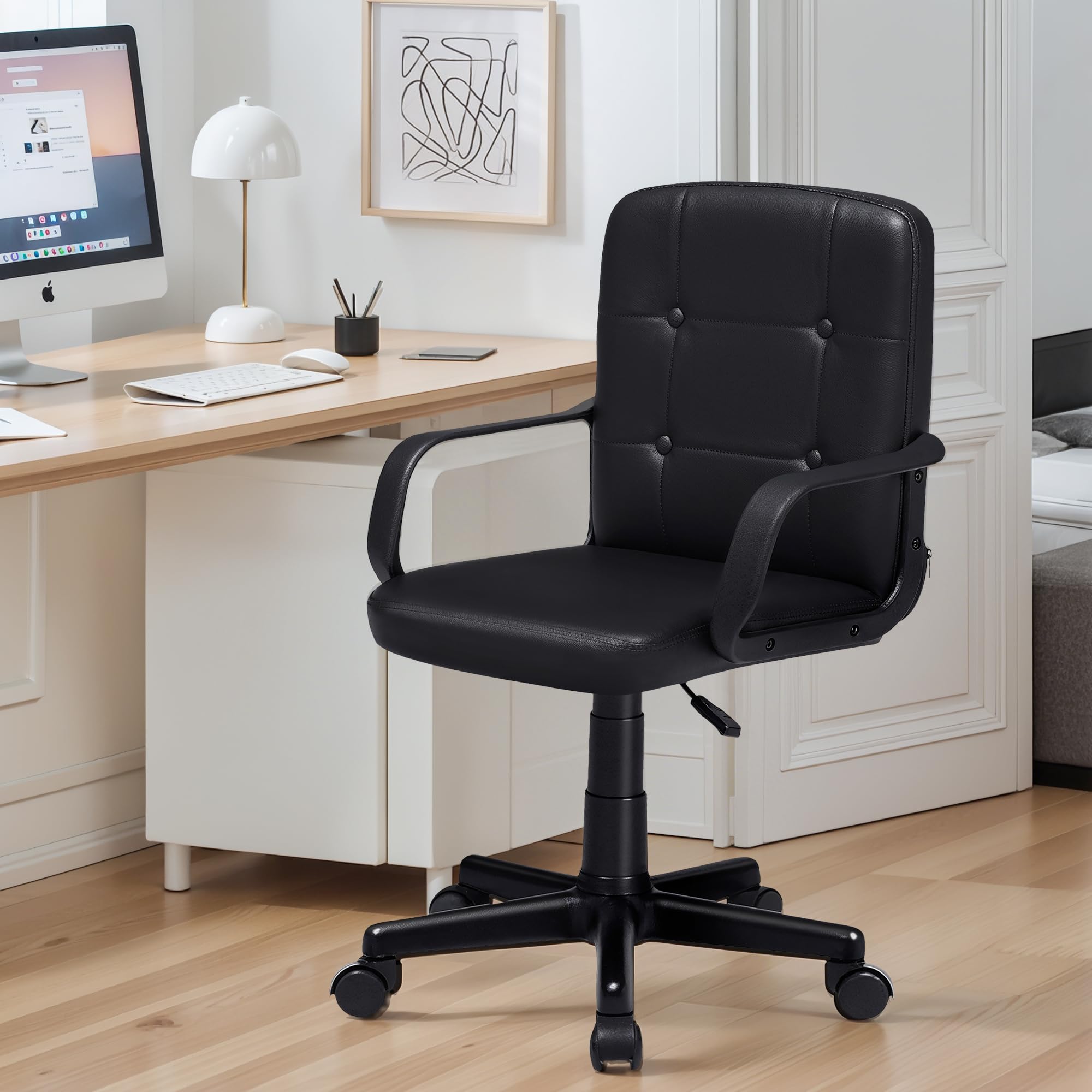 , Home Office Swivel Chairs PU Leather Height Adjustable with Wheels, Black