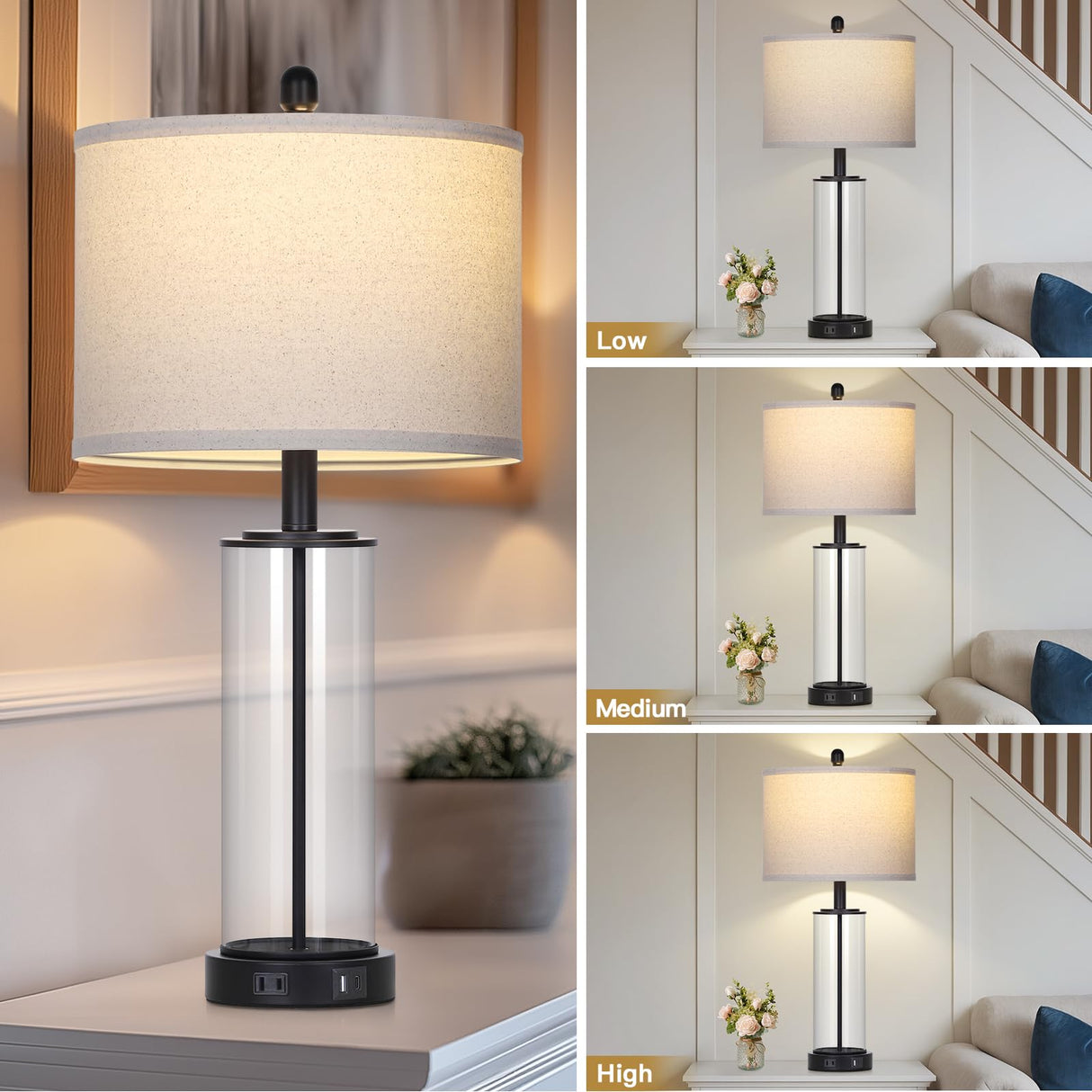 26" Black Glass Table Lamps Set of 2, 3-Way Dimmable Touch Control Living Room Lamp