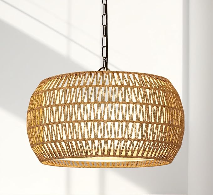 Rattan Farmhouse Chandelier, 5 Lights Boho Large Pendant Light, Hand Woven Chandeliers