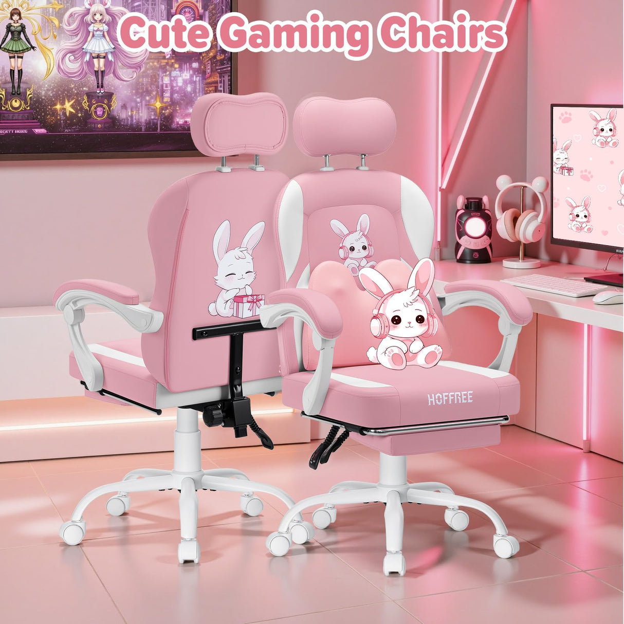 Kids Gaming Chair with Bunny Massage Lumbar Pillow - Pink Desk Chair with Adjustable Headrest & Footrest