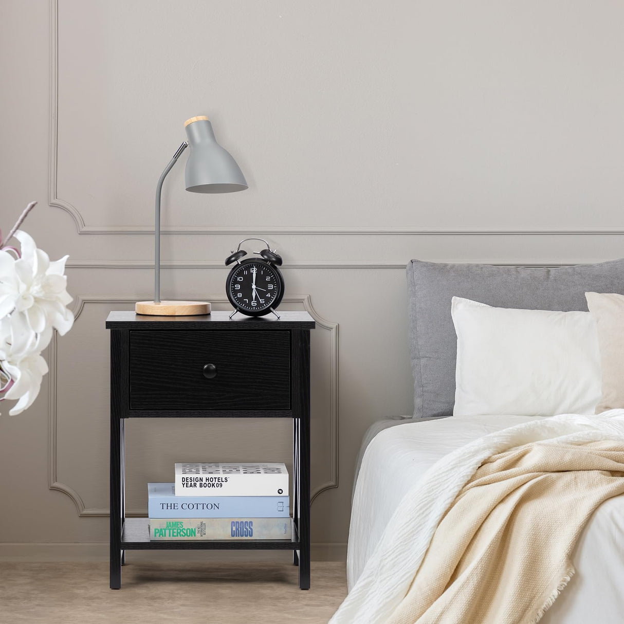 Black Nightstand Set of 2,Bedroom Nightstand with Drawer,Small Nightstand Set of 2,Mid