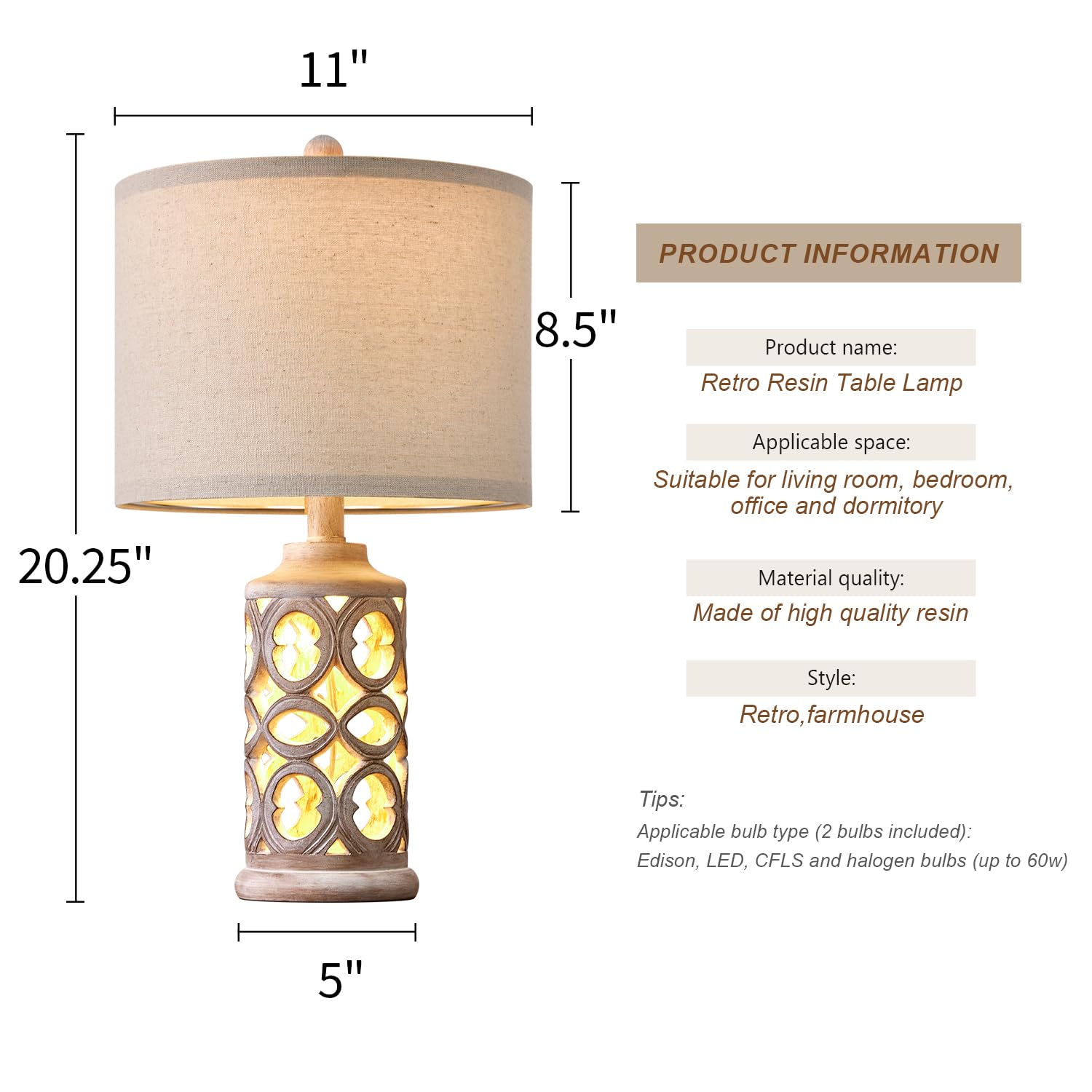 Table Lamp Set of 2 for Living Room Bedroom 20.25'' Country Retro Lamp Vintage