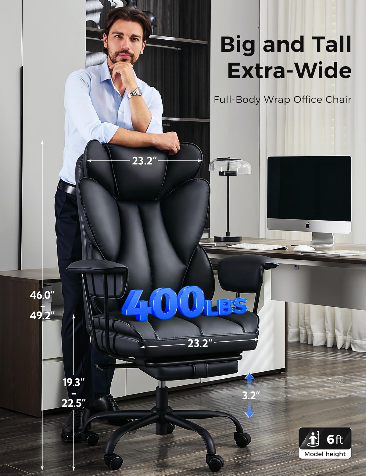 Big and Tall Office Chair 400lbs - Ergonomic Executive with Footrest