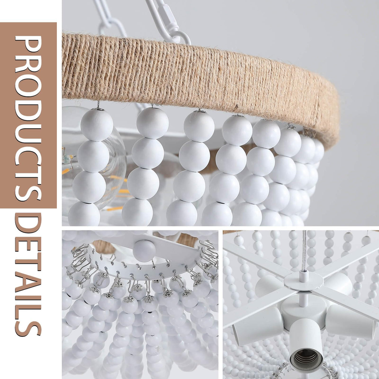 5 Lights White Bohemia Wood Beaded Chandelier, Farmhouse Boho Chandelier Light