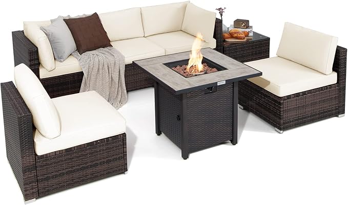 7 Piece Patio Furniture Set with Fire Pit Table, Patiojoy Outdoor PE Wicker Conversation Sectional Sofa Set