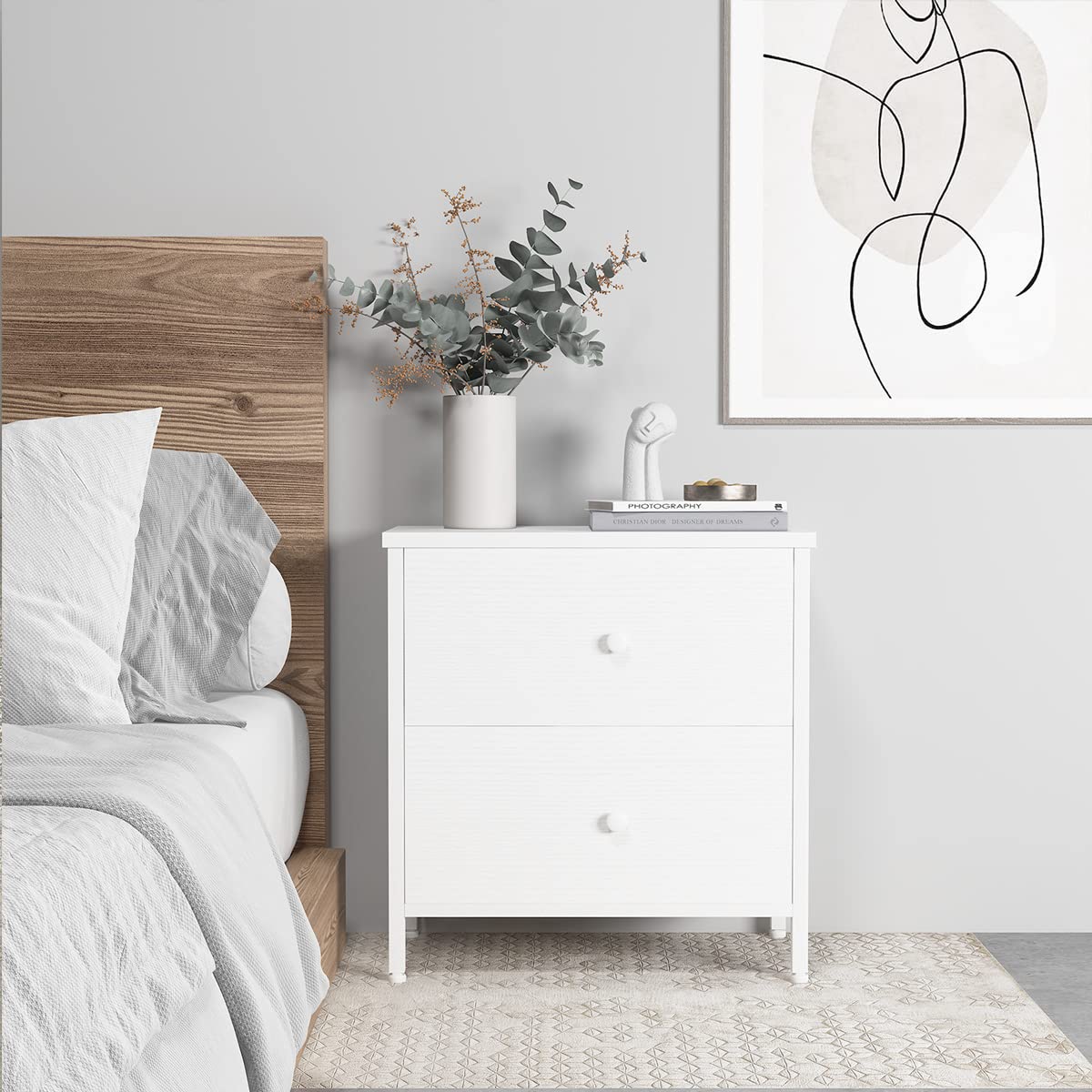 White Nightstands Set of 2, 2 Drawer Dresser