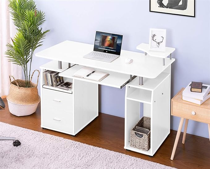 Office Computer Desk - Multi-Functional Writing Study Table Desk with Elevated Shelf,