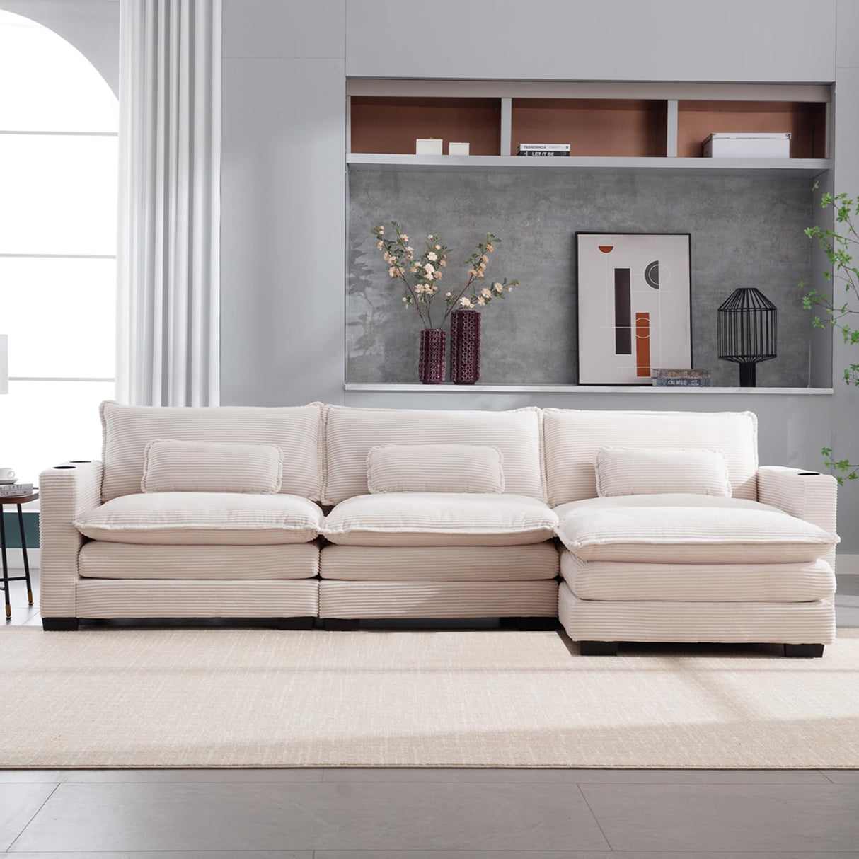 Corduroy Cloud Sectional Couch, Modern Comfy Modular L-Shaped Sectional