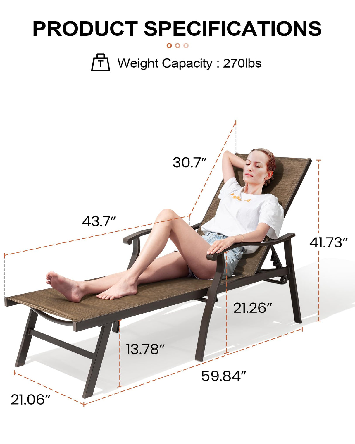 Crestlive Products Aluminum Adjustable Chaise Lounge Chair Five-Position and Full Flat Outdoor Recliner All Weather 2PCS Brown