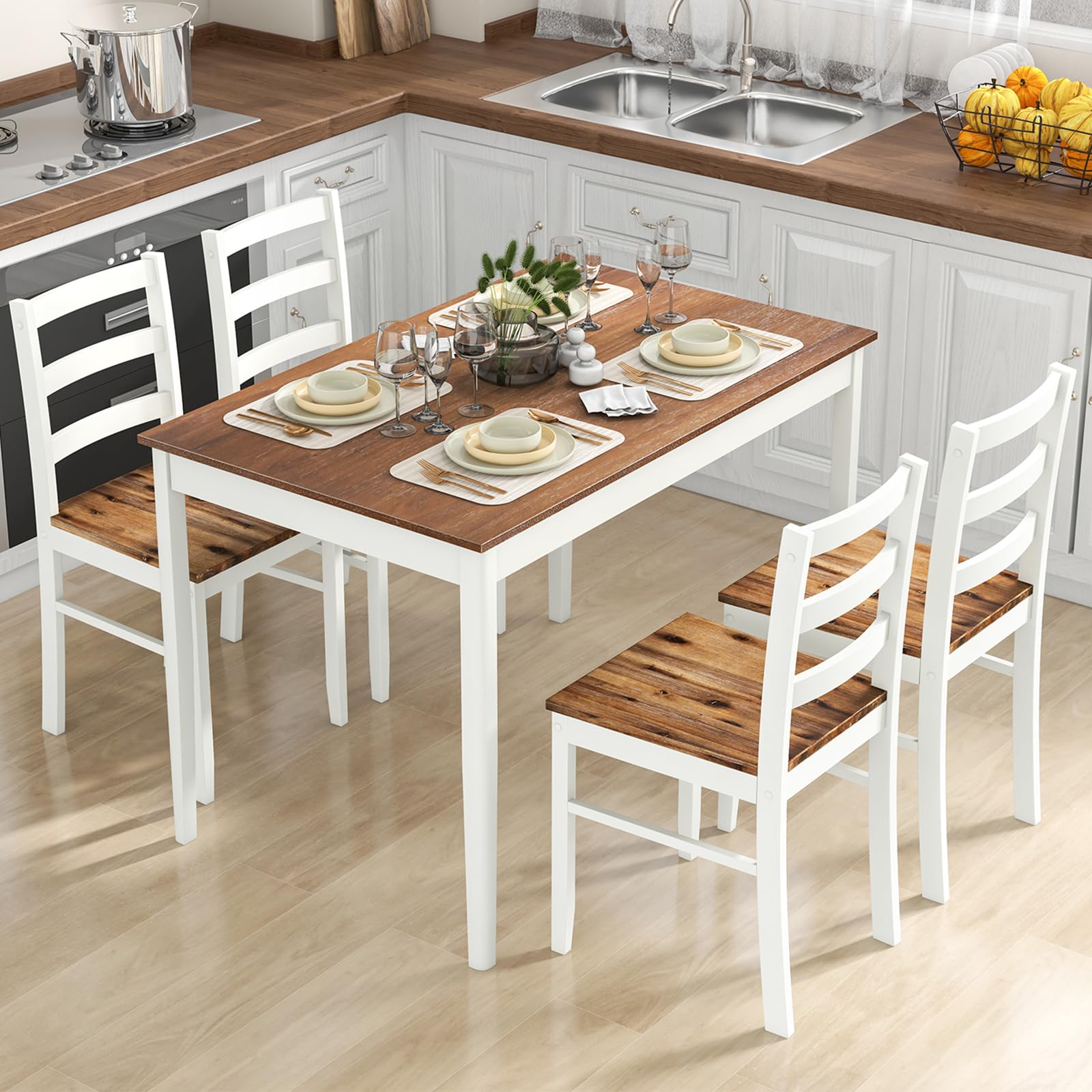 Set for 4, Solid Wood, Farmhouse Dinette Set w/Rubber Wood Legs, Mid-Century Modern