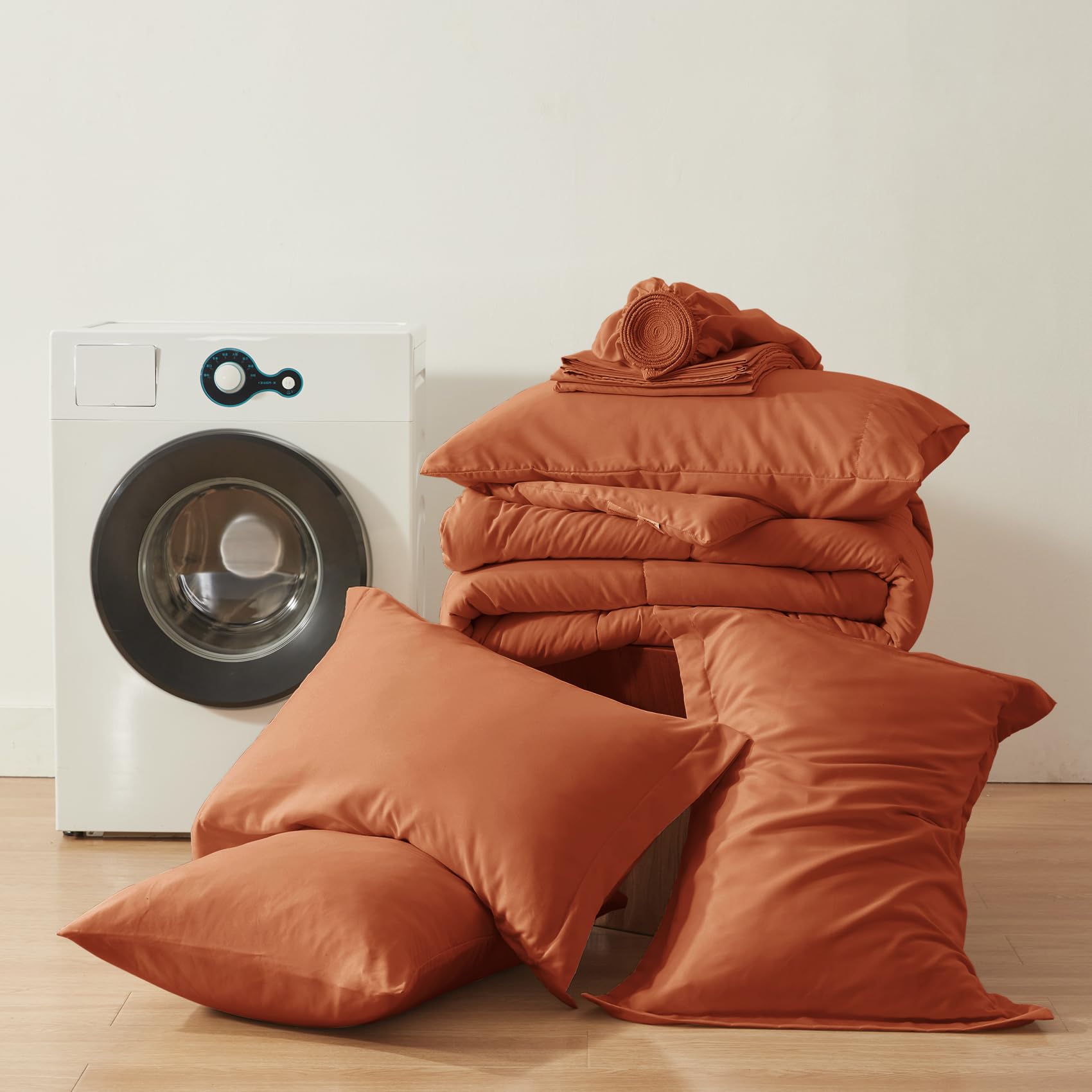 Queen Comforter Set 7 Piece, Burnt Orange Bed in a Bag with Sheets, Comforters Queen Size Bedding Sets with 1 Comforter,