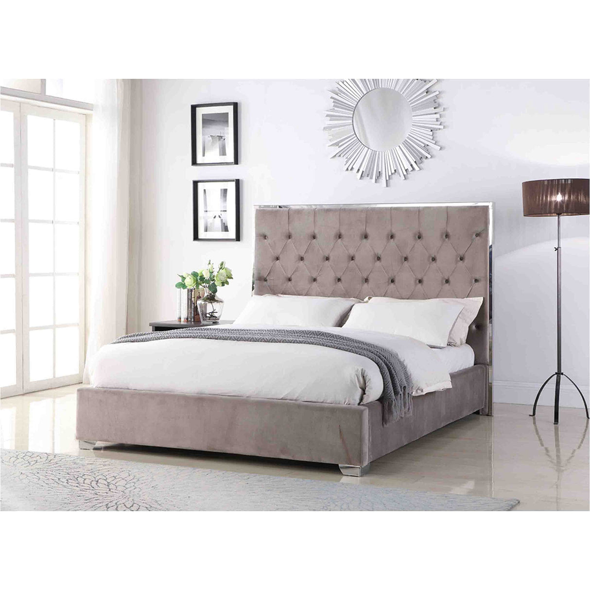 Natasha Velour Tufted Transitional Glam Platform Bed, King, Light Grey