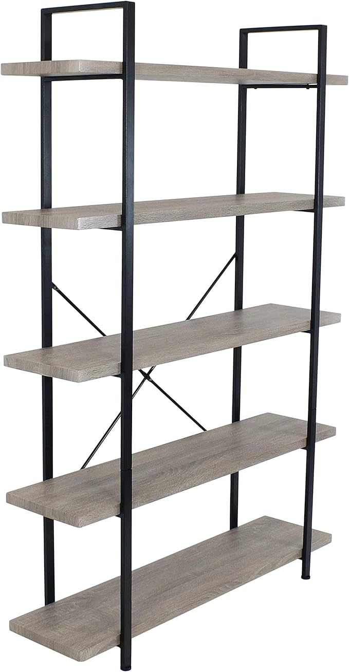 5-Tier Industrial Style Bookshelf with Open Shelves and Veneer Finish - North American