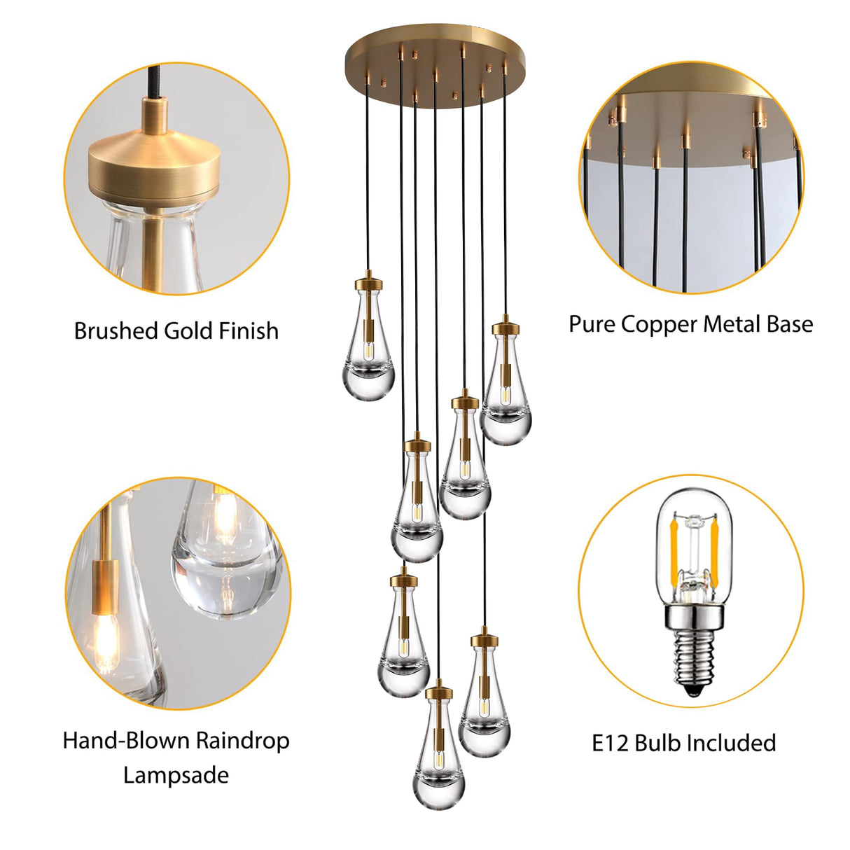 YUEXPAND H100'' High Ceiling Chandelier for Entryway,Modern Raindrop Chandeliers for Living Room,Brass 7 Light Adjustable Rope Teardrop Pendant Lights Kitchen Island for Hallway/Staircase