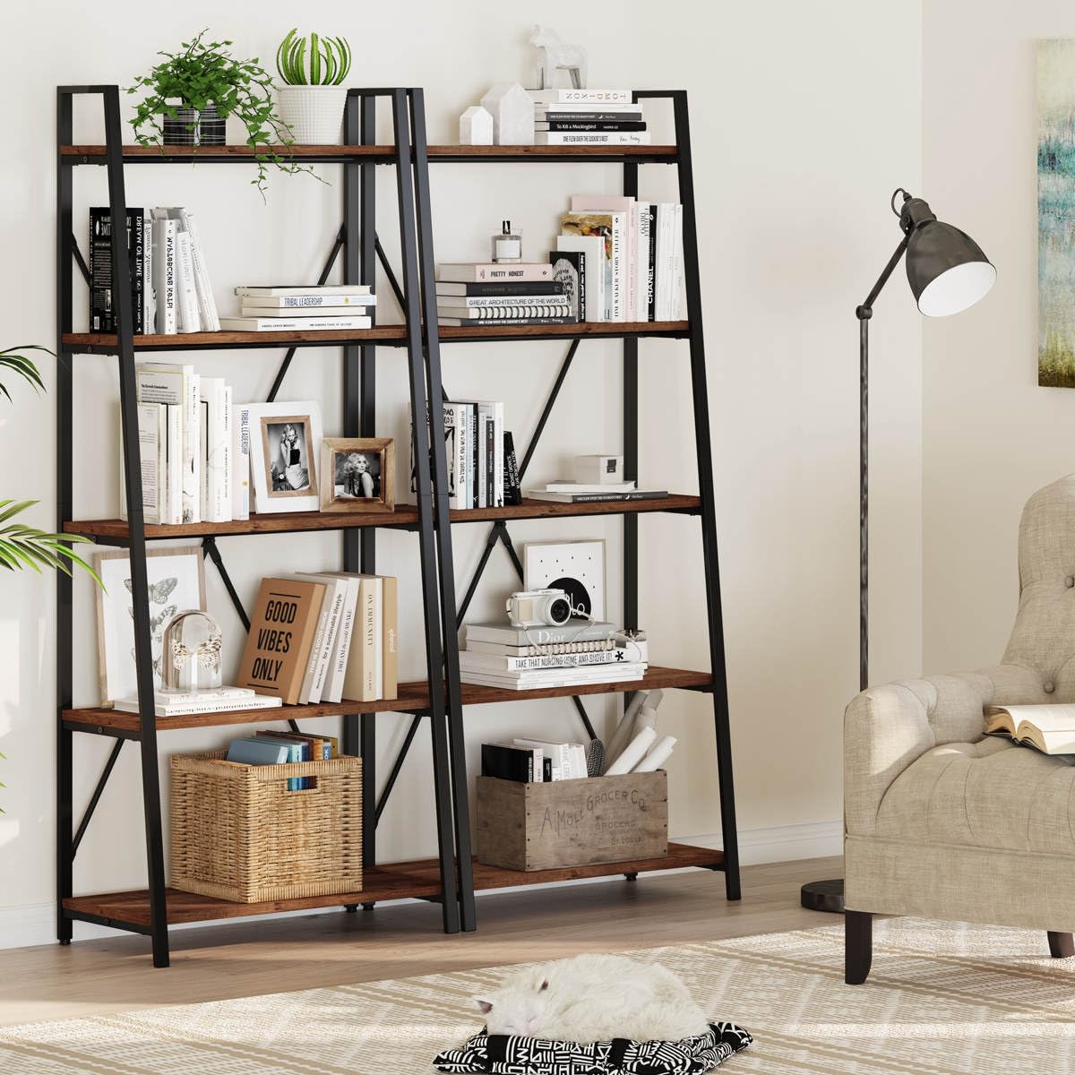 Ladder Shelf Bookcase, 5-Tier Industrial Ladder Bookshelf, Tall Living Room Shelves