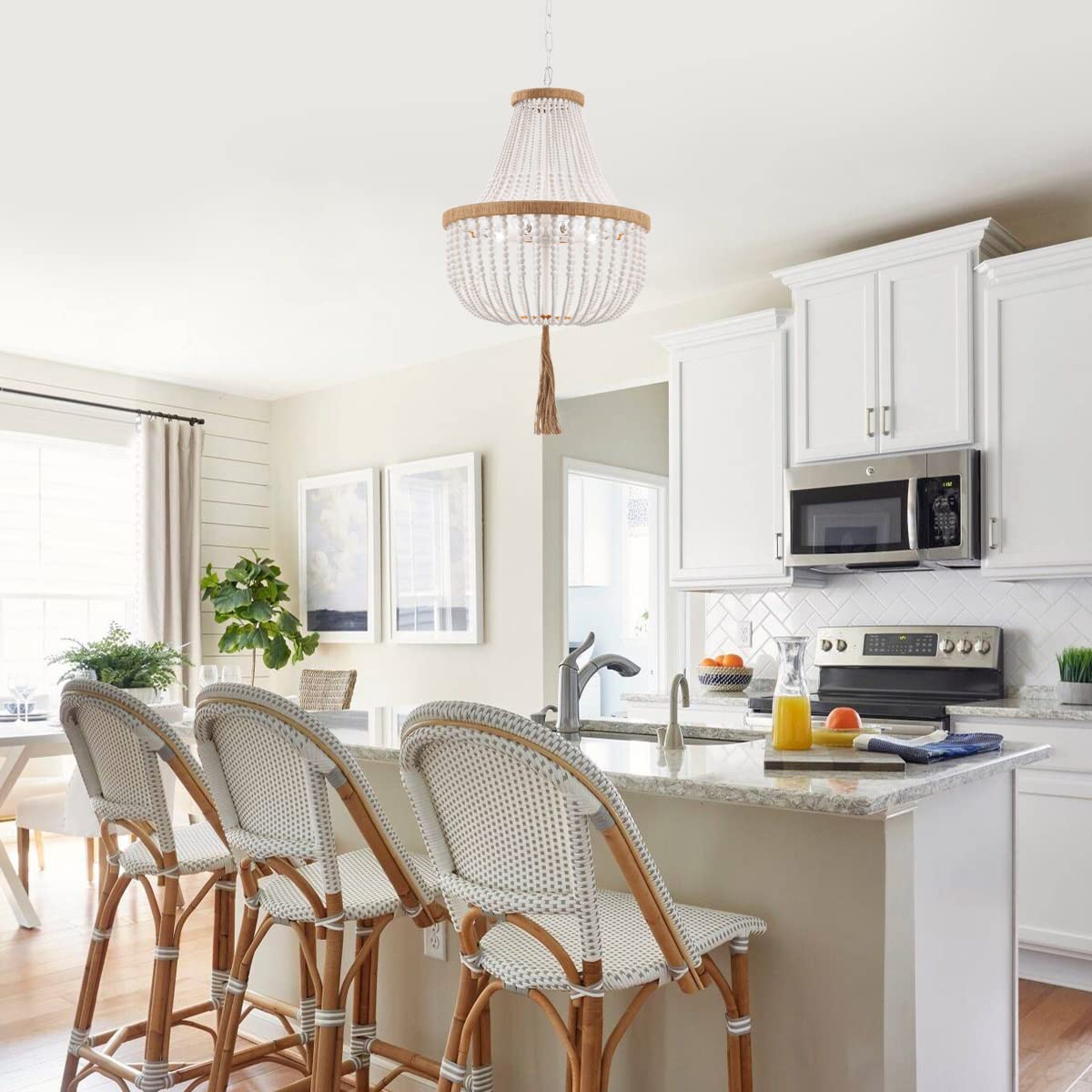 4 Lights Wood Beaded Farmhouse Chandelier with Tassels Bohemia Antique Rustic