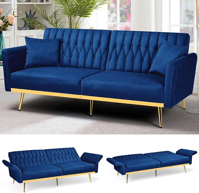 70” Velvet Futon Sofa Bed with 2 Pillows and Adjustable Armrests, Convertible Sleeper Bed