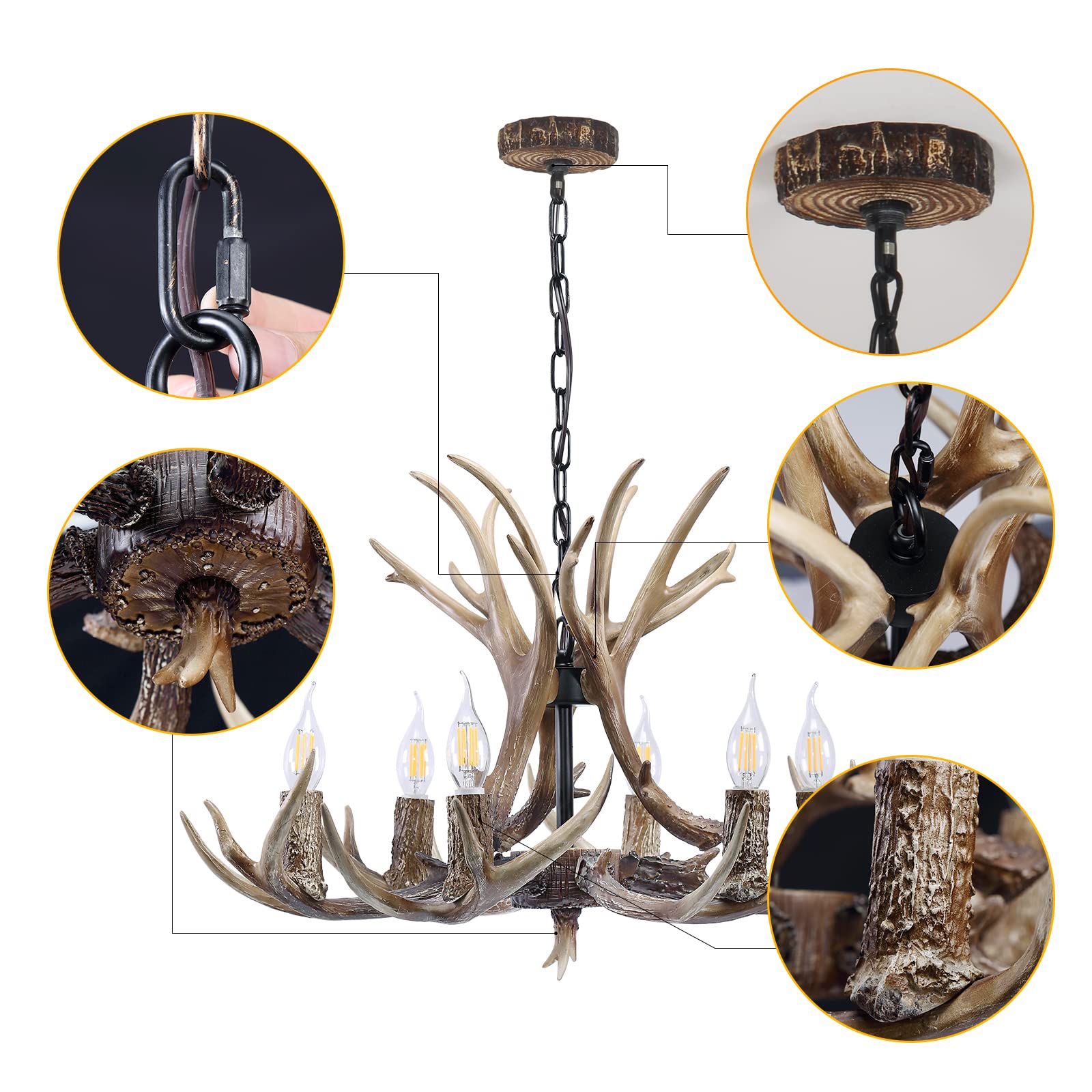 HUITICO Rustic Antler Chandelier Lighting, 6 Light Resin Deer Antler Chandelier Vintage Style for Living Room Dining Room Bedroom Retro Deer Horn Cabin Light