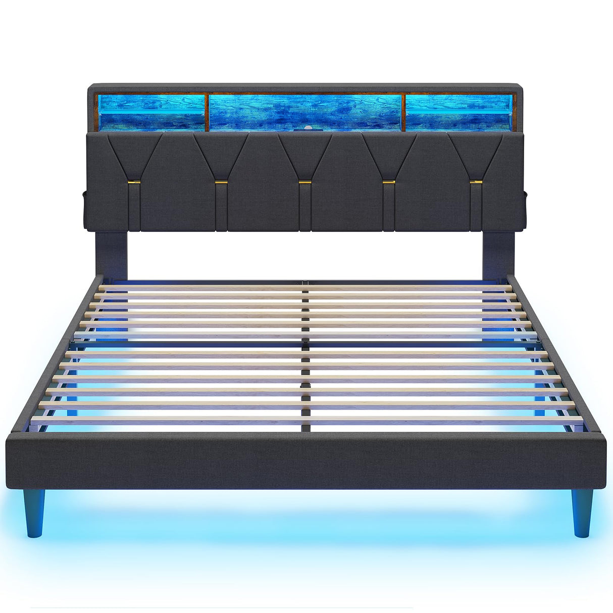 LED Full Bed Frame with Charging Station, Full Size Bed Frame
