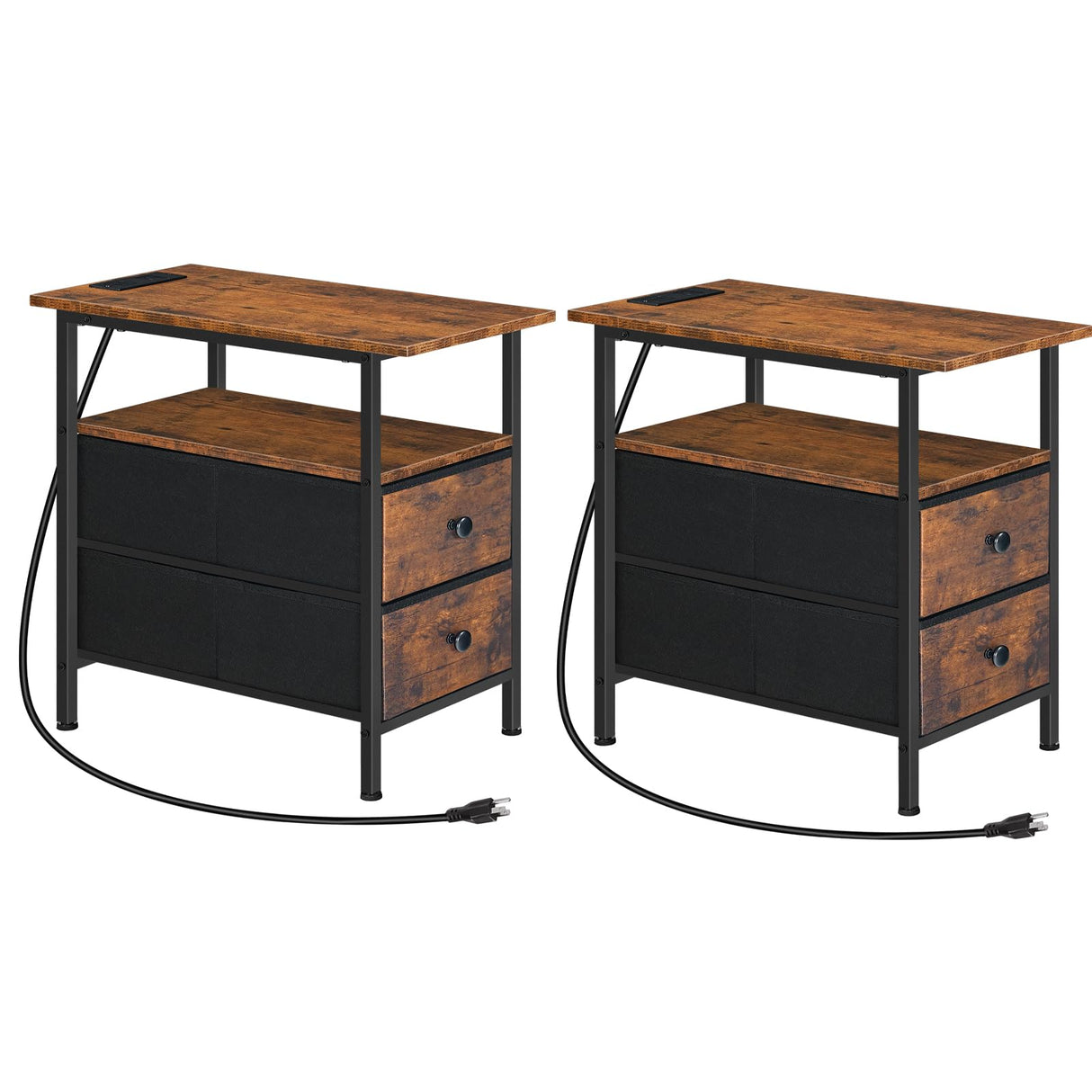End Table with Charging Station, Set of 2 Narrow Side Tables, Nightstand