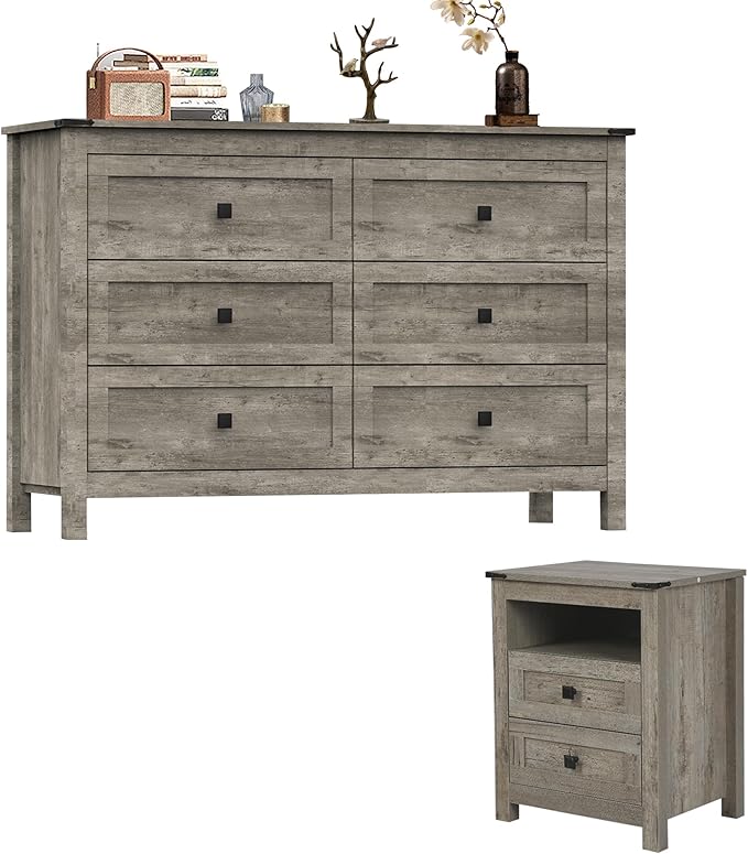 Farmhouse Bedroom Furniture Set, Rustic Wood Double Dresser Chest of Drawers