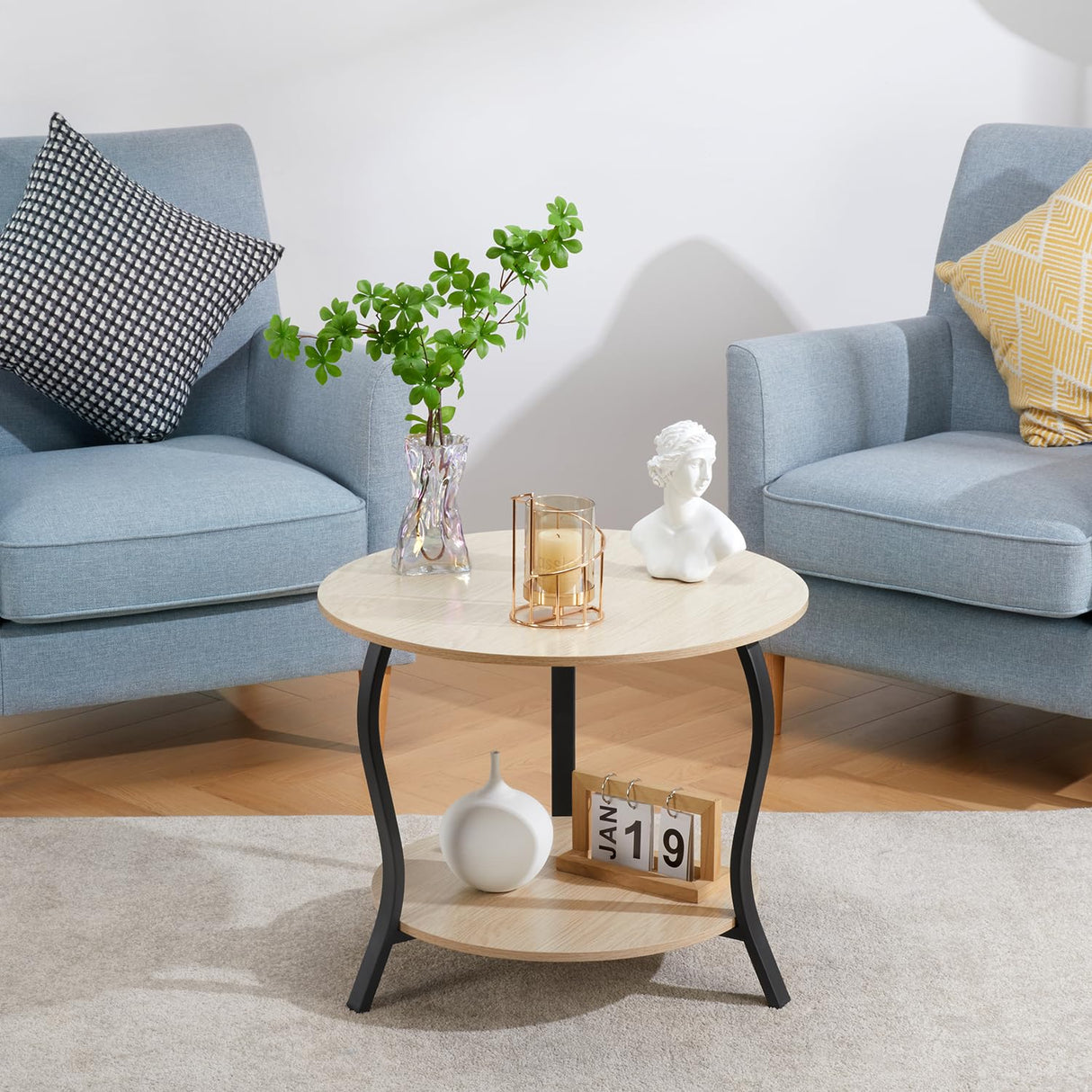 Small Round Coffee Table with Open Storage,23" 2-Tier Coffee Side Tables for Small