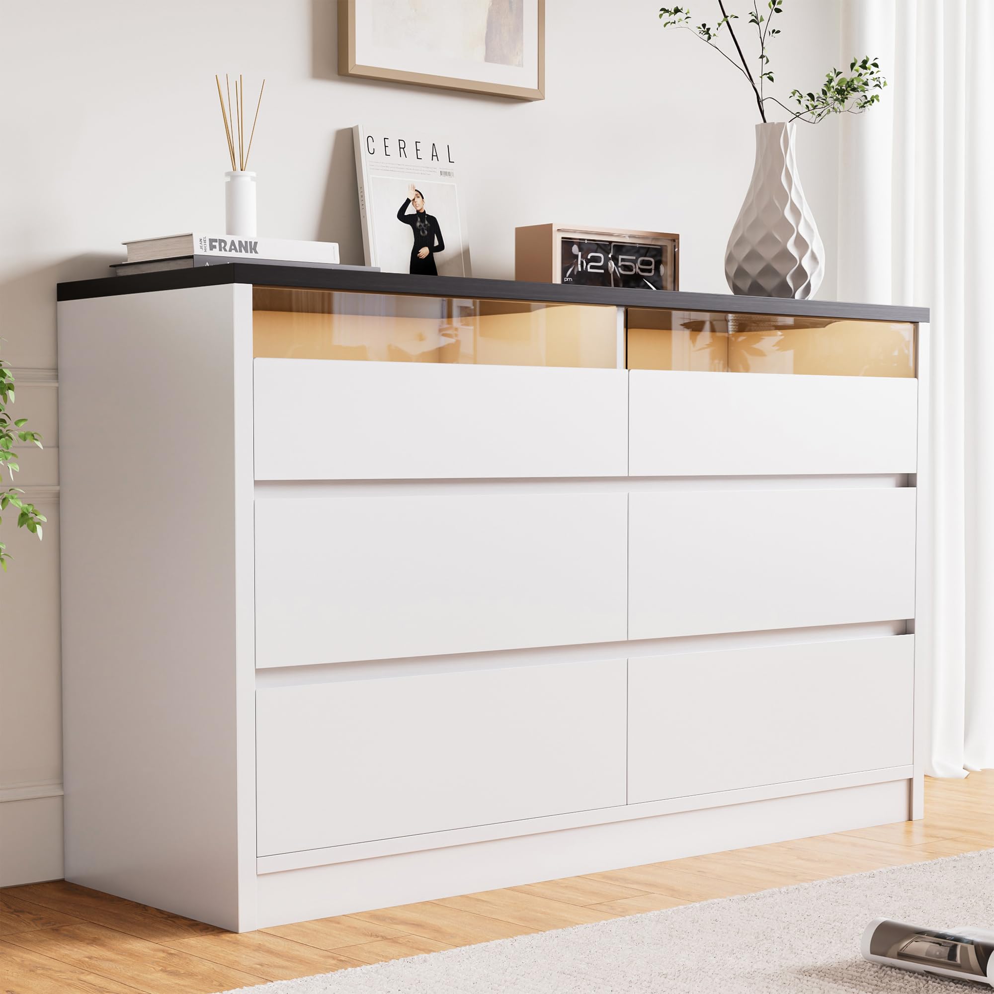 White Modern 6 Drawer Dresser for Bedroom with LED Light