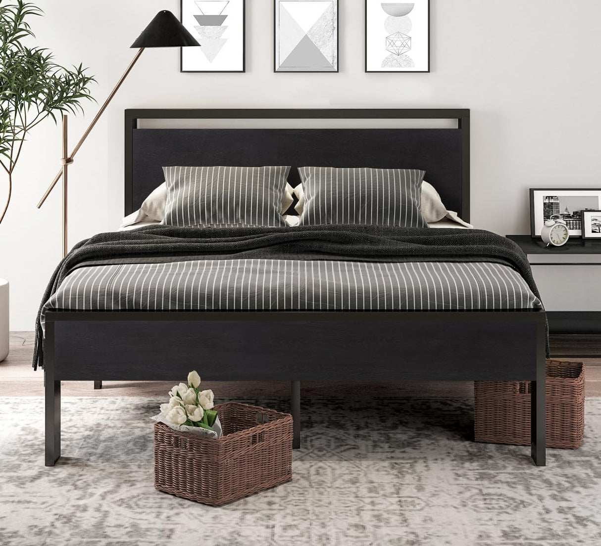 14 Inch Queen Size Metal Platform Bed Frame with Wooden Headboard