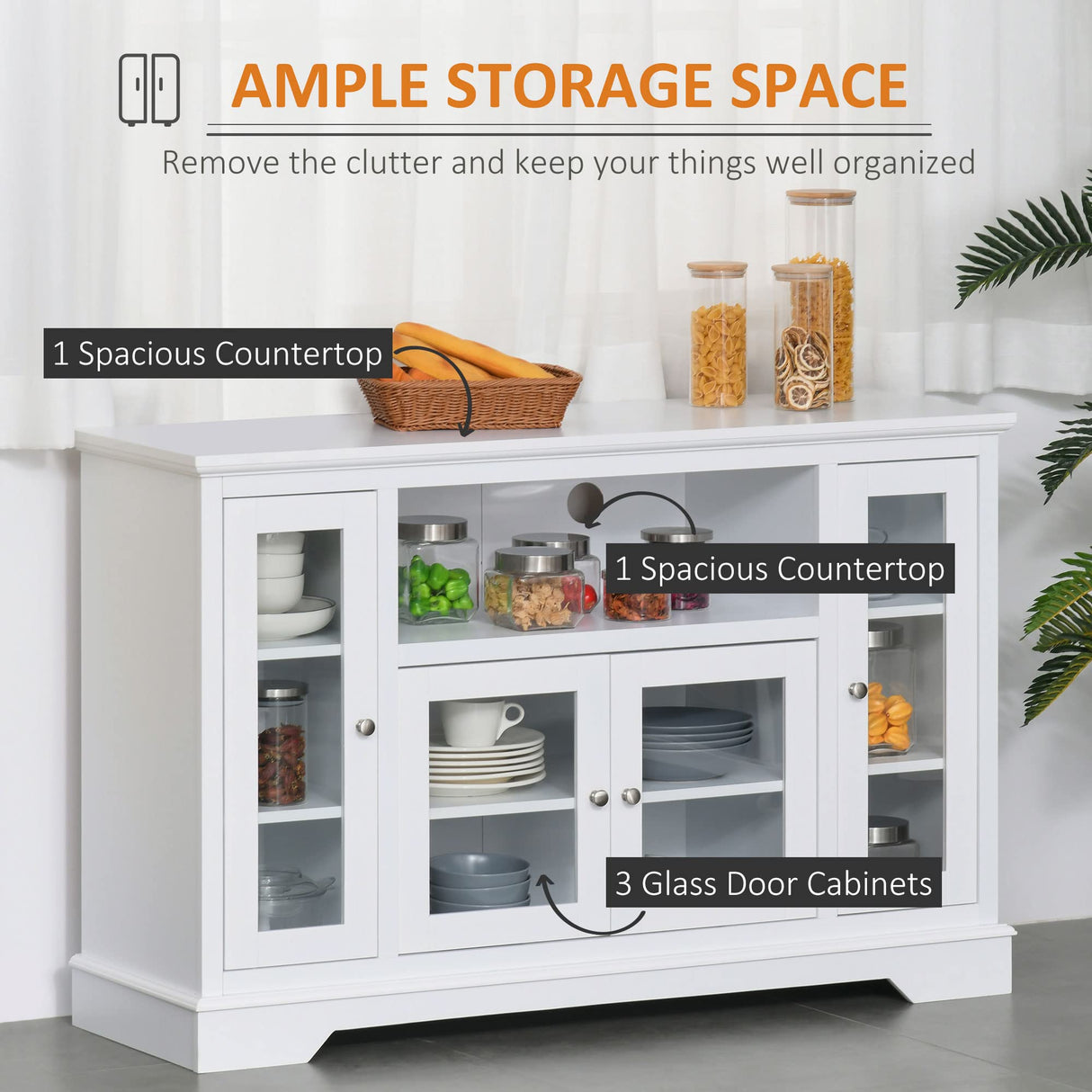 Sideboard Buffet Cabinet with Storage, Kitchen Cabinet Coffee Bar Cabinet with Glass Doors for Living Room, Kitchen, White