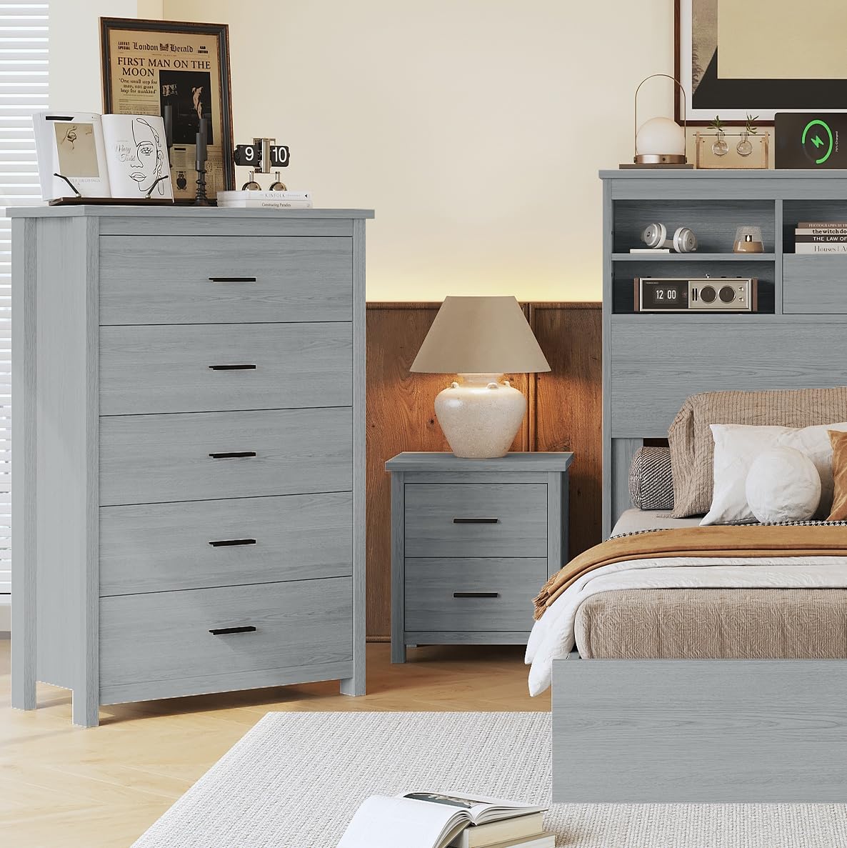 2 Drawers, Vintage Nightstand Wood Bedside End Table for Bedroom, Dorm, Light Gray