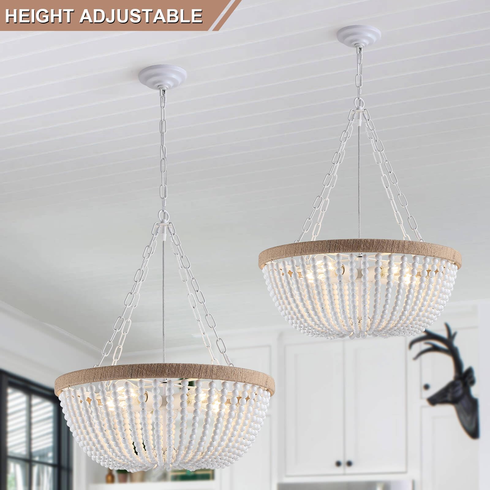 5 Lights White Bohemia Wood Beaded Chandelier, Farmhouse Boho Chandelier Light