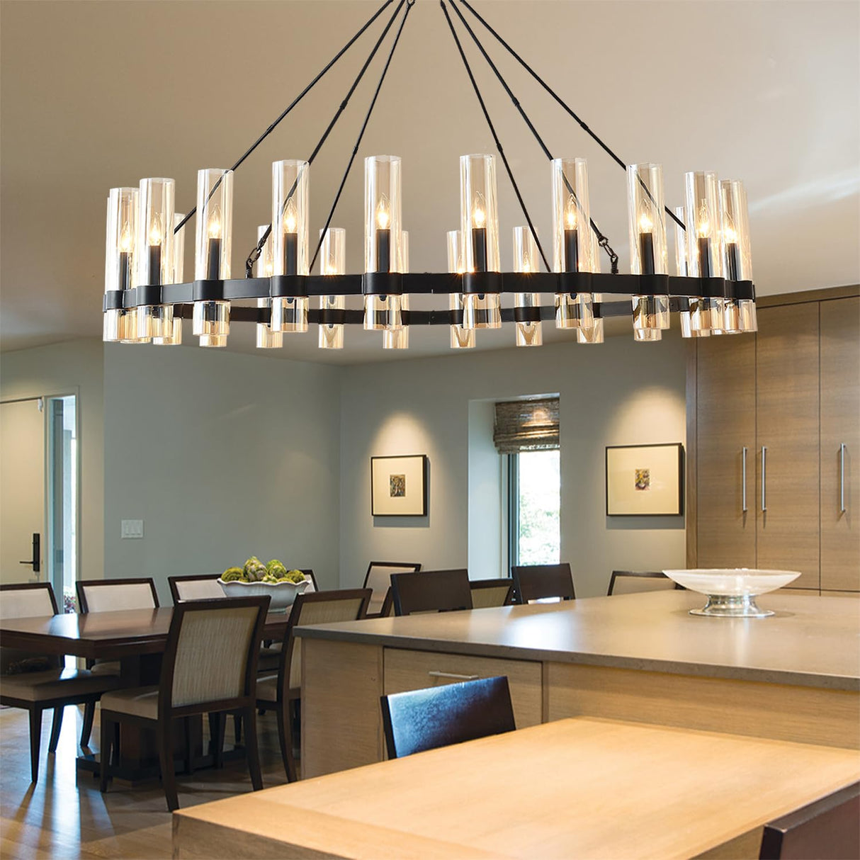 60 Inch Black Wagon Wheel Chandelier, 24 Lights, with Brown Glass Shade