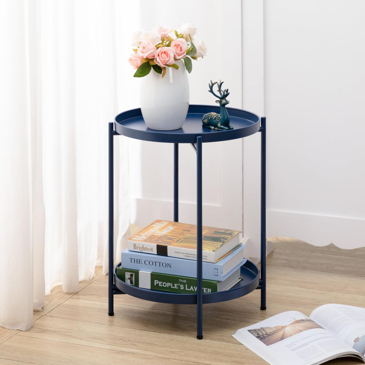 2-Tier Round Side Table, Outdoor Small Folding Accent Stand with Removable Tray