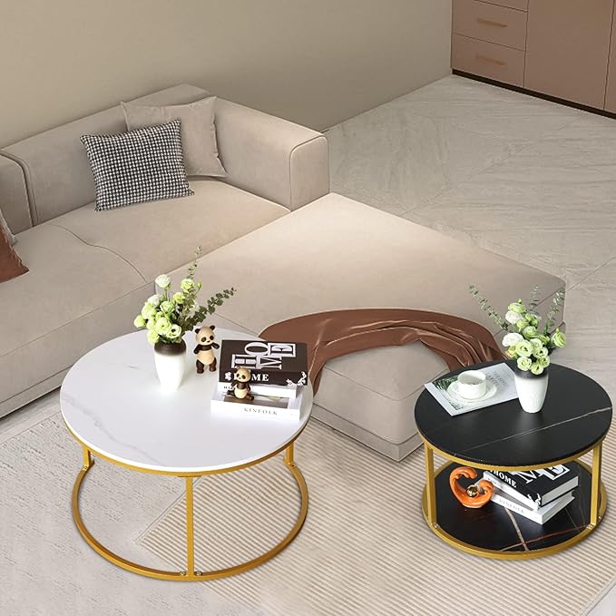 Nesting Round Coffee Table 2 Sets, Marble Look Wood Side Table