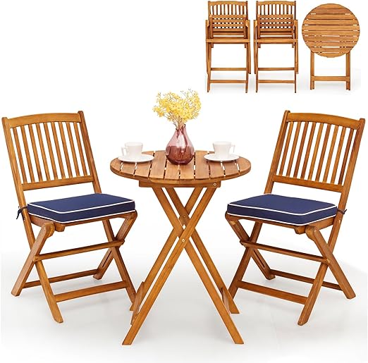 Bistro Table and Chairs Set of 2, Acacia Wood Folding Bistro Table Chairs Set