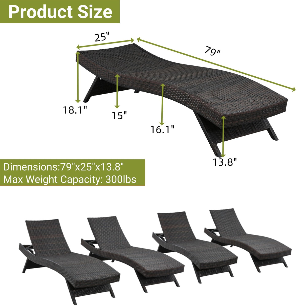 Long Reclining Chair Set of 2 with Cushions, Chaise Lounge Wicker Reclining Lounge Chair
